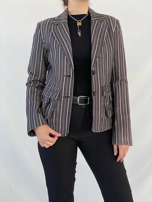 00s Vila Clothes Striped Black and White Women’s Cotton Blazer - L