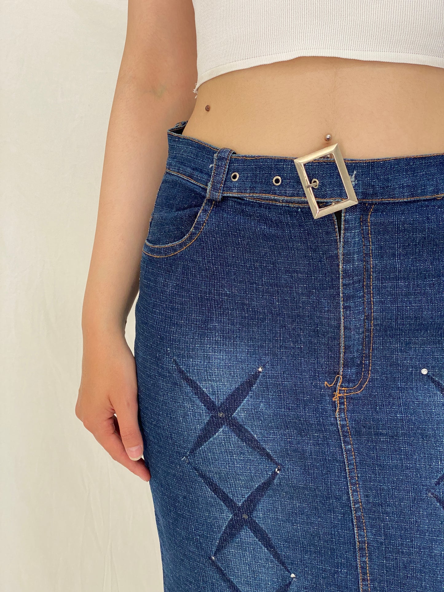 Vintage Y2K Stretch Denim Maxi Skirt Blue Belted Jean Skirt – M