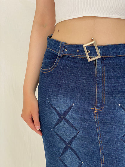 Vintage Y2K Stretch Denim Maxi Skirt Blue Belted Jean Skirt – M
