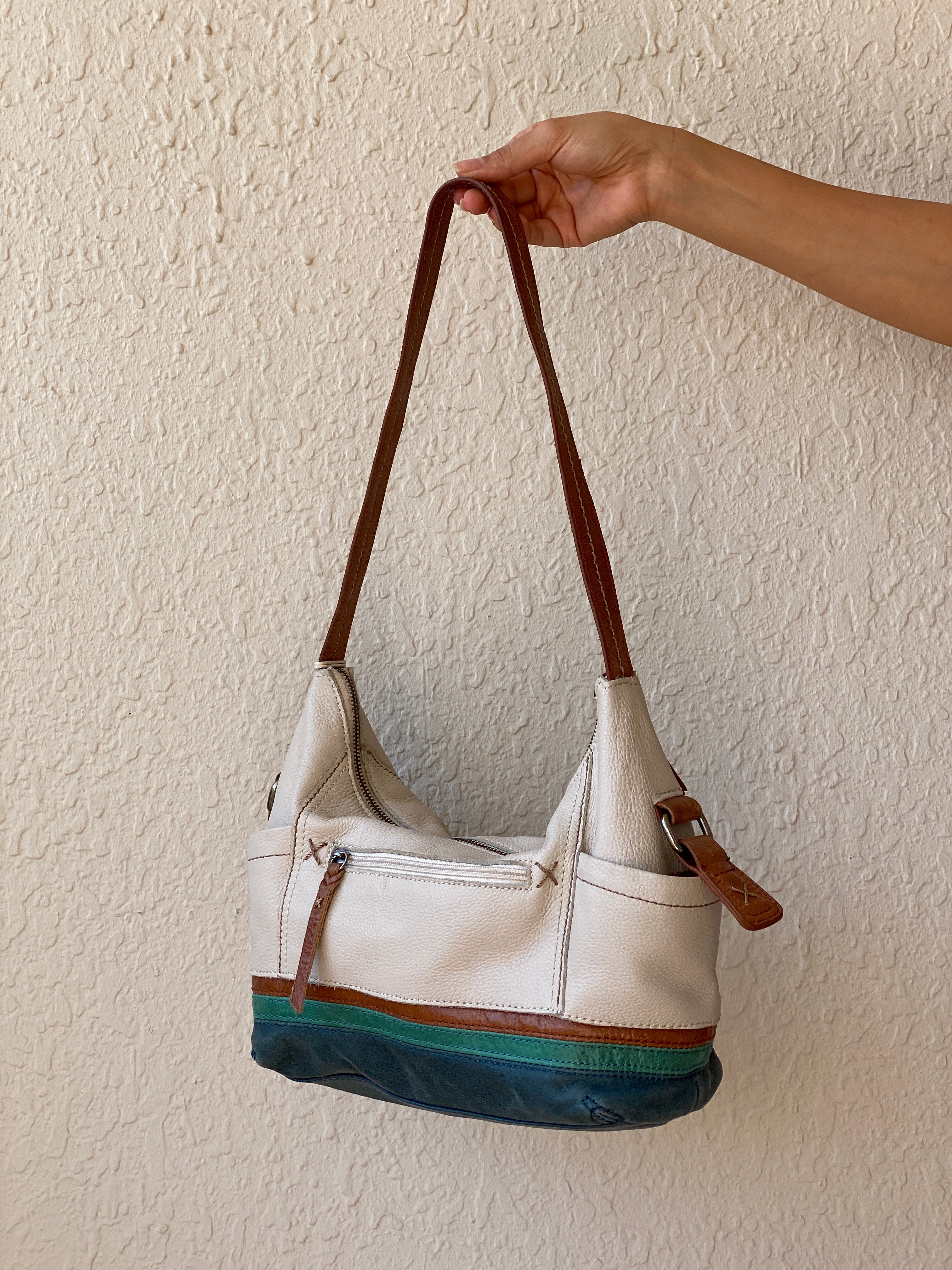 The Sak Genuine Leather Shoulder Bag – White & Green Colorblock Purse Hobo Tote