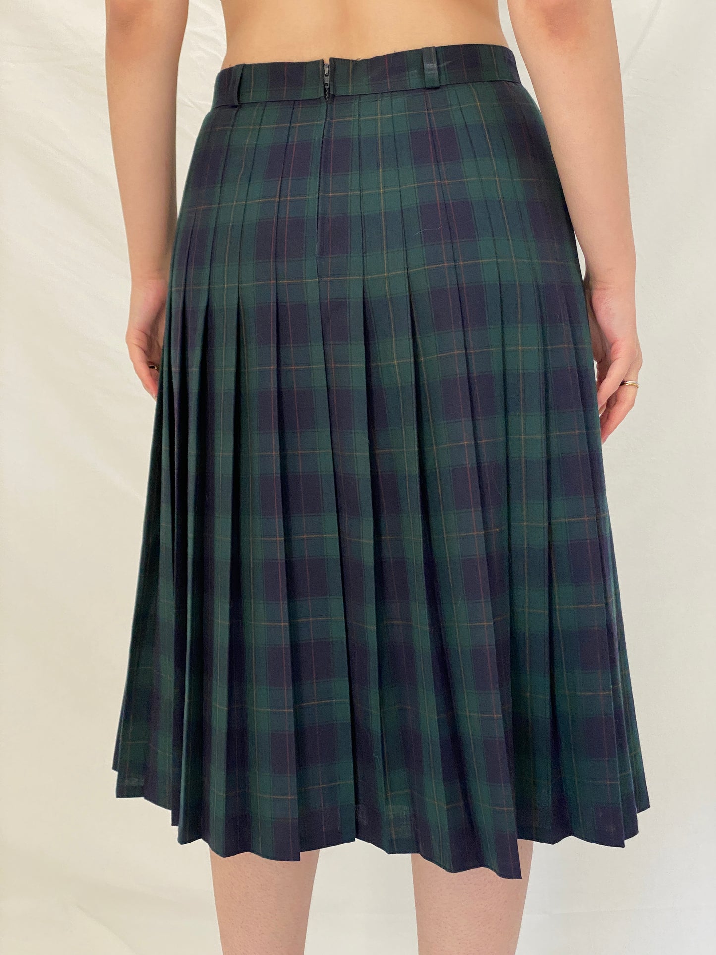 Vintage LADYS Preppy Green Plaid Tartan Clueless Pleated Midi Skirt - M