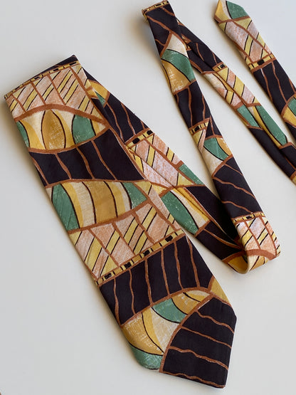 Vintage 90s T Fashion Brown Green Abstract Geometric Wide Necktie