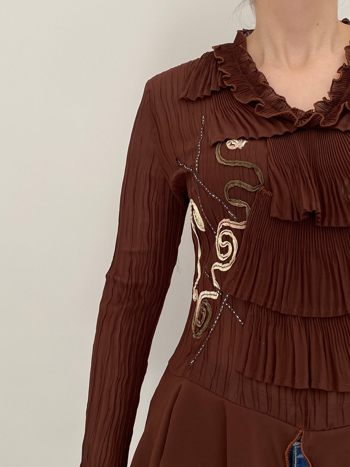 Vintage Whimsy Brown Sheer Pleated Embroidered Ruffle Top – L