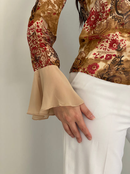 Vintage Y2K Yazen Beige Brown Paisley Floral Ruffle Bell Sleeve Blouse - M
