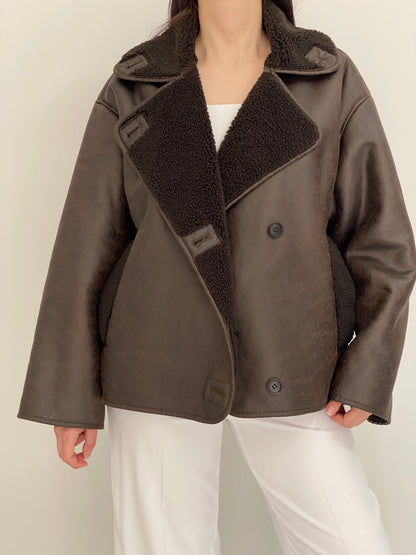 Chocolate Brown Faux Leather Shearling Aviator Jacket - L