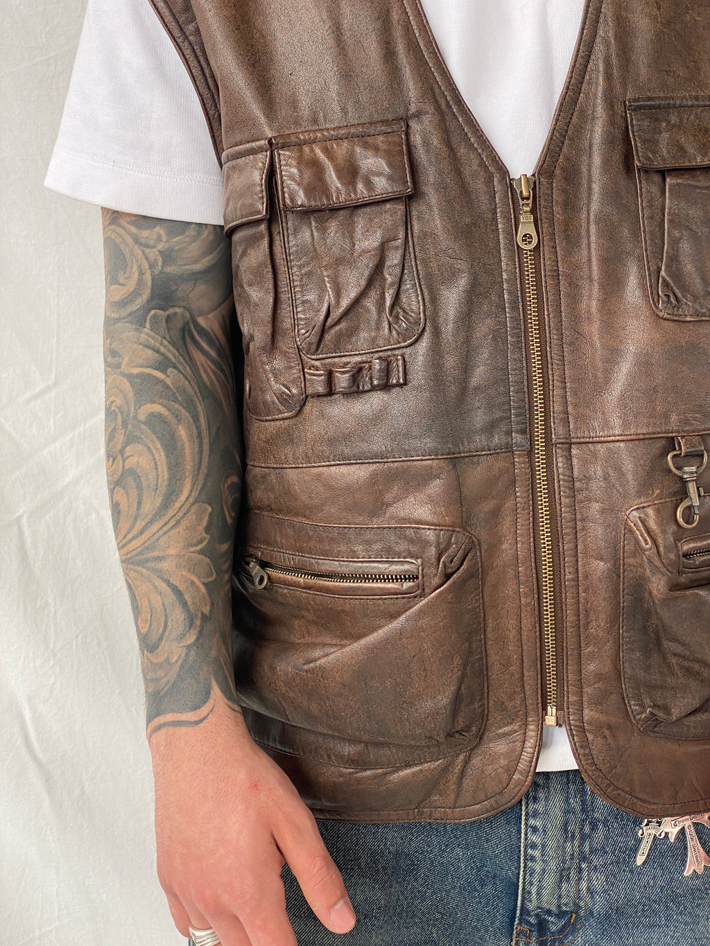Vintage Men’s Safari Cargo Brown Genuine Leather Zip Up Vest - XL