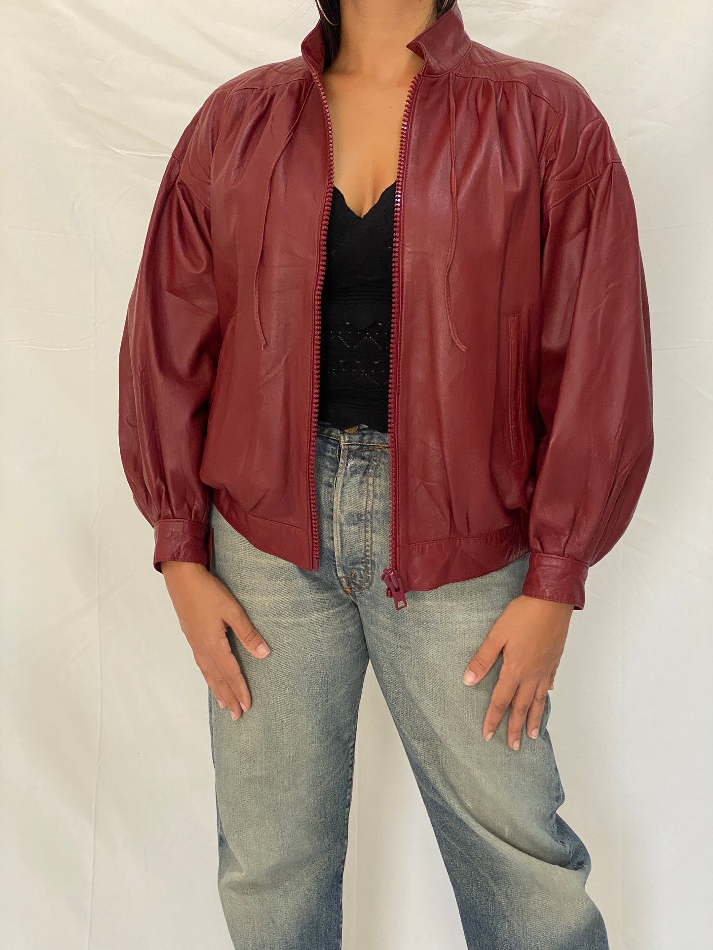 Rare Vintage Humberto J'Re Maroon Leather Bomber Dolman Sleeve Jacket - L