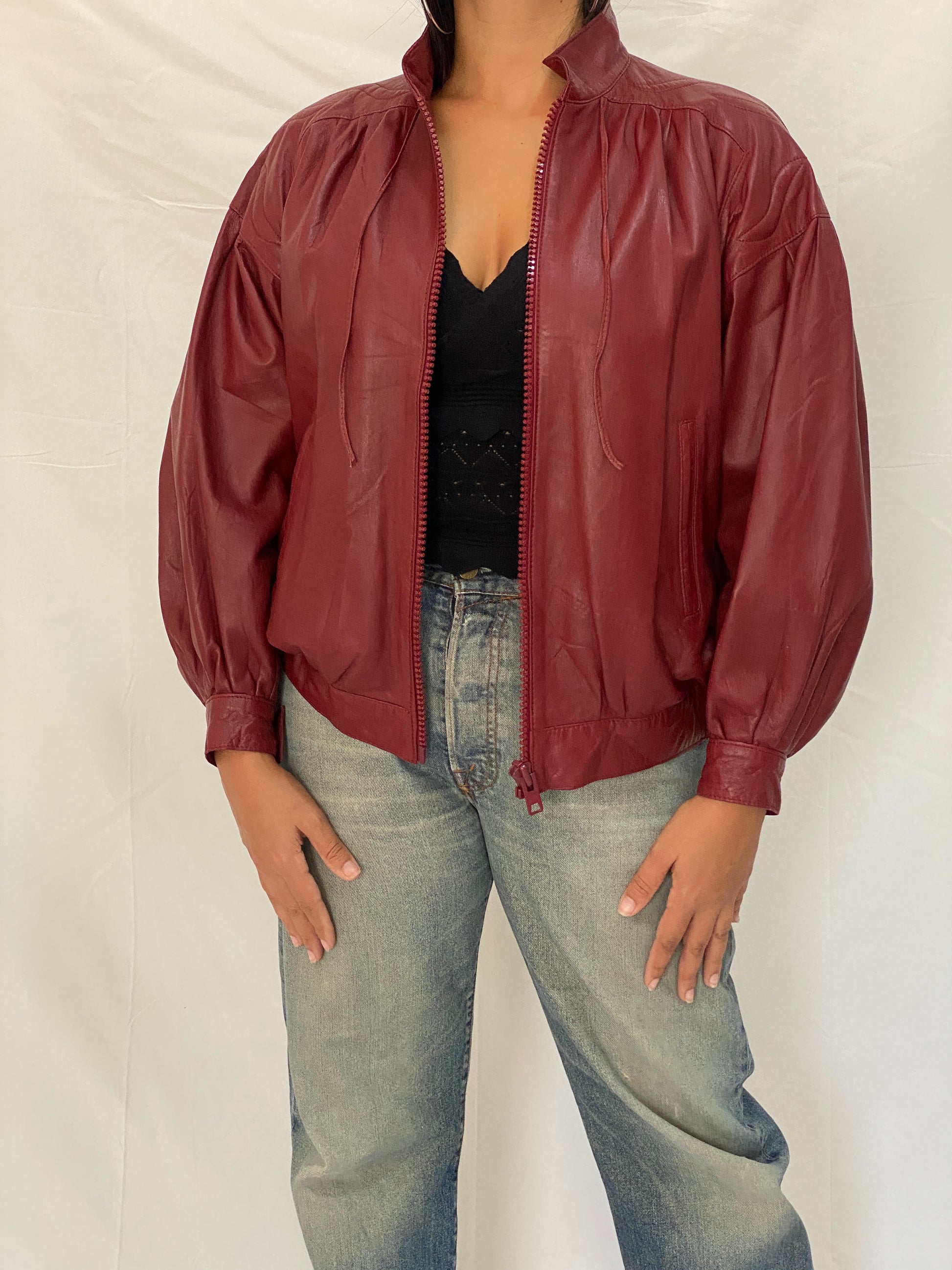 Rare Vintage Humberto J'Re Maroon Leather Bomber Dolman Sleeve Jacket - L