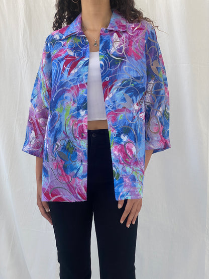 Vintage ALIA Floral Blue Pink Sheer Women’s 3/4 Sleeve Shirt - M