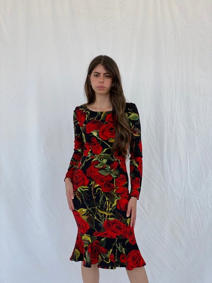 Dolce & Gabbana Red Roses Print Silk Knee-Length Dress - S