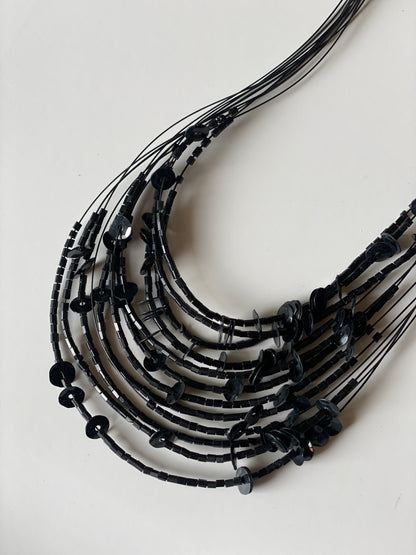 Vintage 1990s Black Multi-Strand Beaded Sequin Choker Necklace