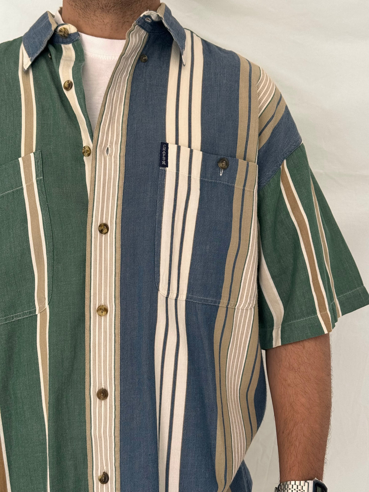 Vintage 90s Chaps Ralph Lauren Green Blue Striped Cotton Shirt - L Vintage 90s Chaps Ralph Lauren Green Blue Striped Cotton Shirt - L