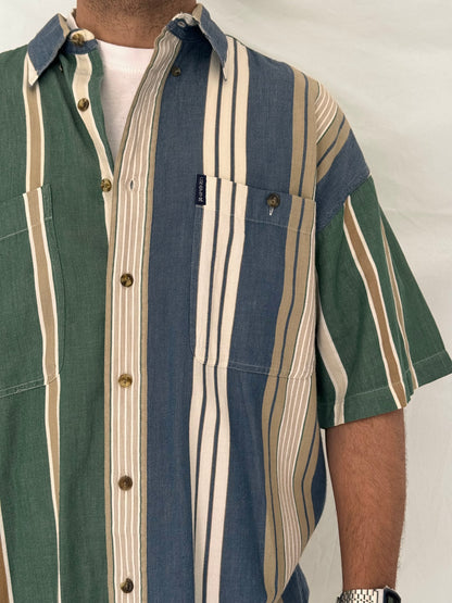Vintage 90s Chaps Ralph Lauren Green Blue Striped Cotton Shirt - L