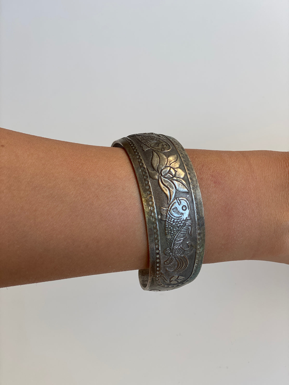 Vintage North African Style Silver-Tone Engraved Fish & Floral Wide Cuff Bracelet