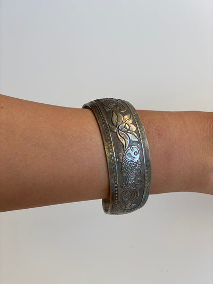 Vintage North African Style Silver-Tone Engraved Fish & Floral Wide Cuff Bracelet