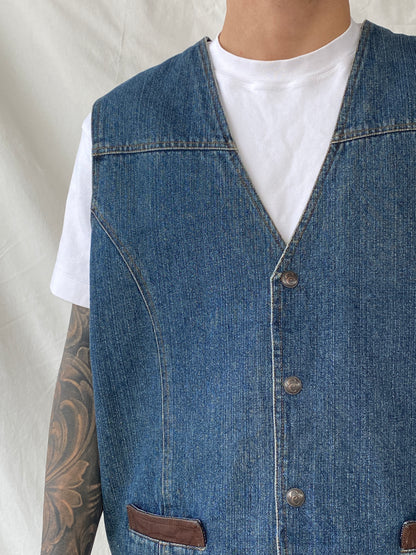 Vintage Cripple Creek Ranchwear Men's Denim Plaid Lined Vest Leather Trim - XL