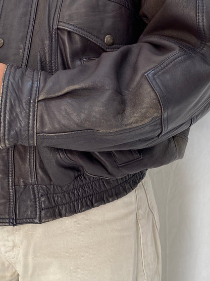 Vintage Oversized Genuine Leather Bomber Jacket in Dark Plum Brown – L