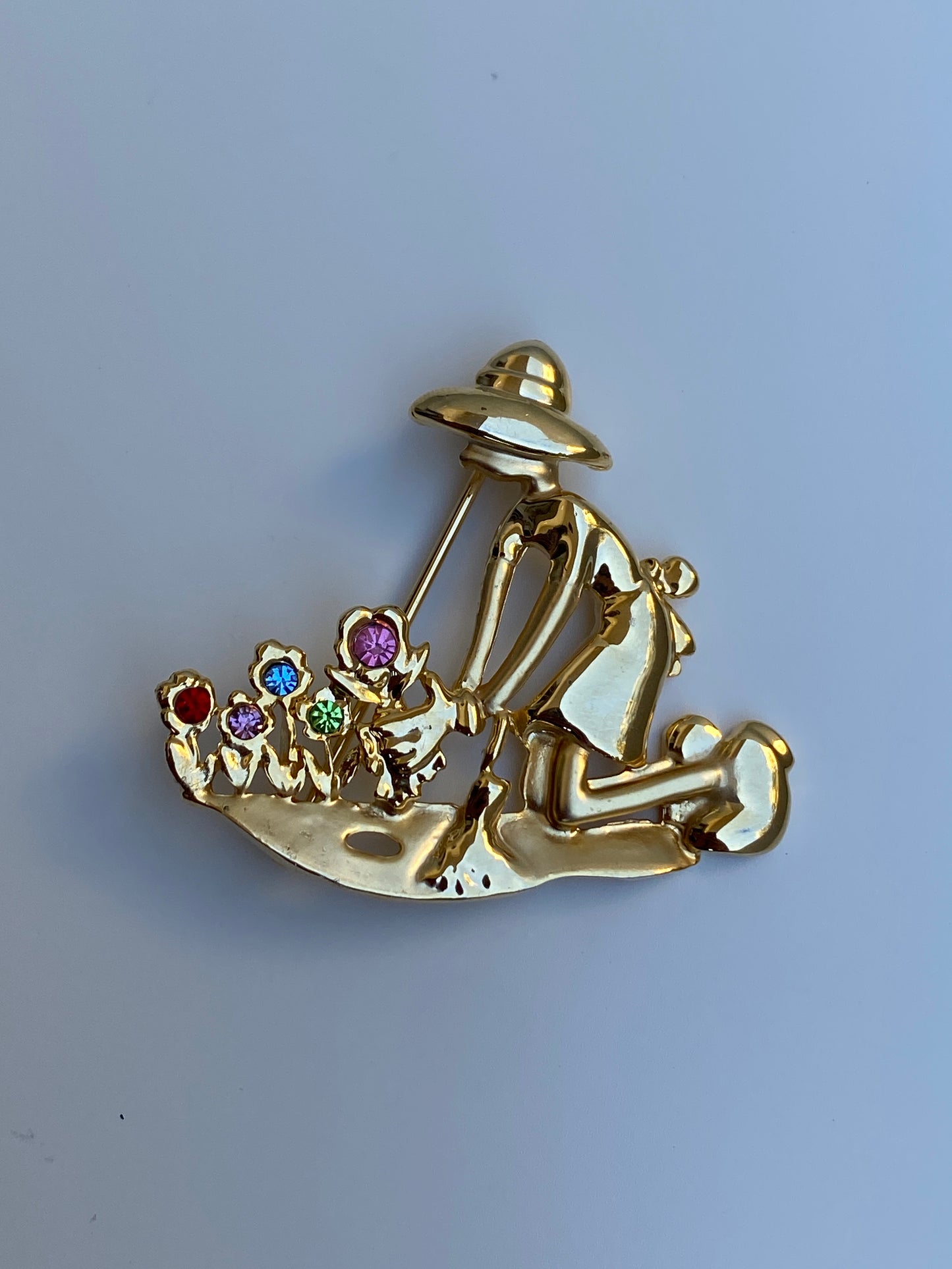 Vintage White Stag Gold-Tone Gardener Rhinestone Brooch Figural Floral Pin