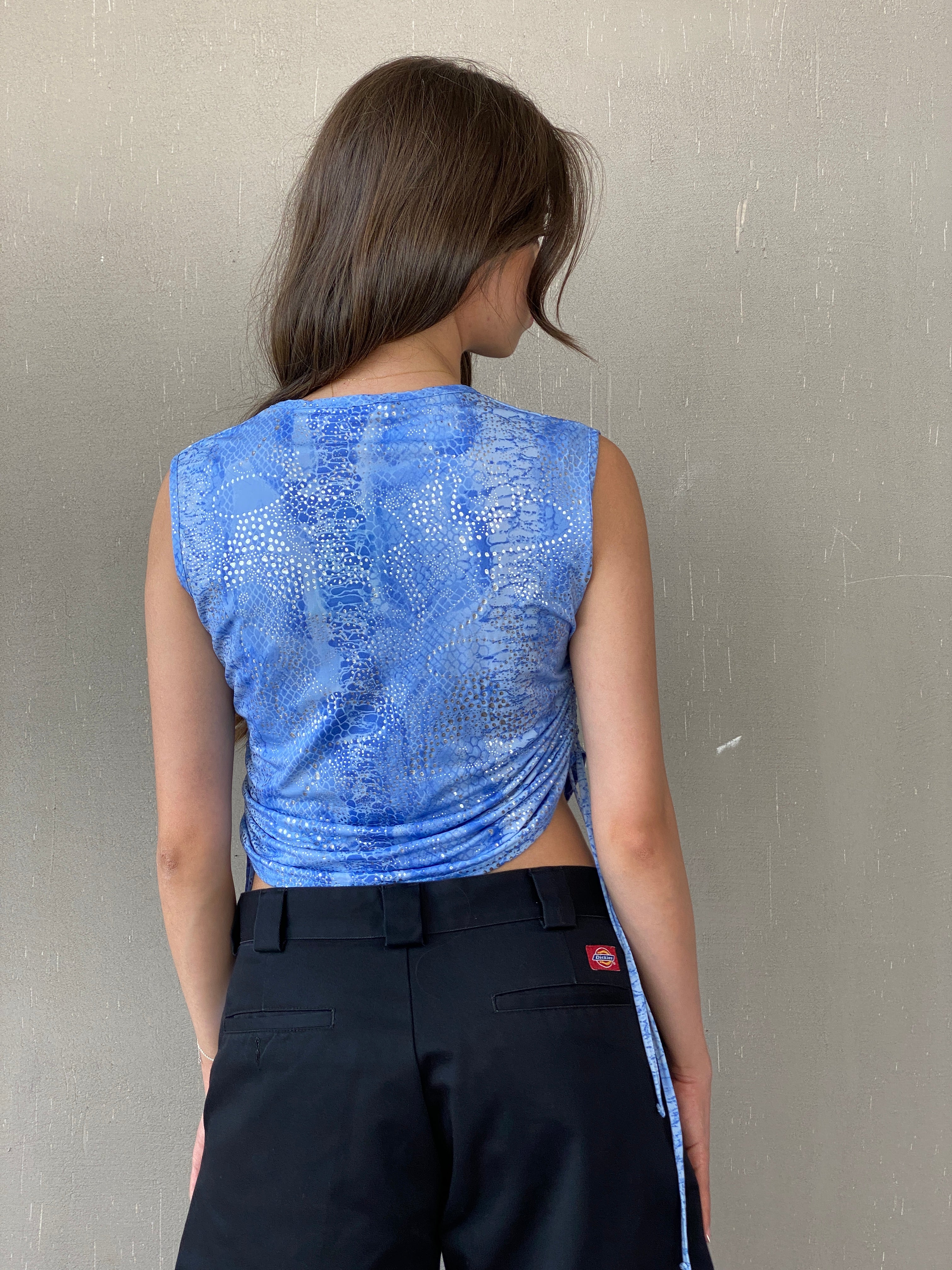 Y2K Festival Blue and Silver Ruched Sides Sleeveless Top - M