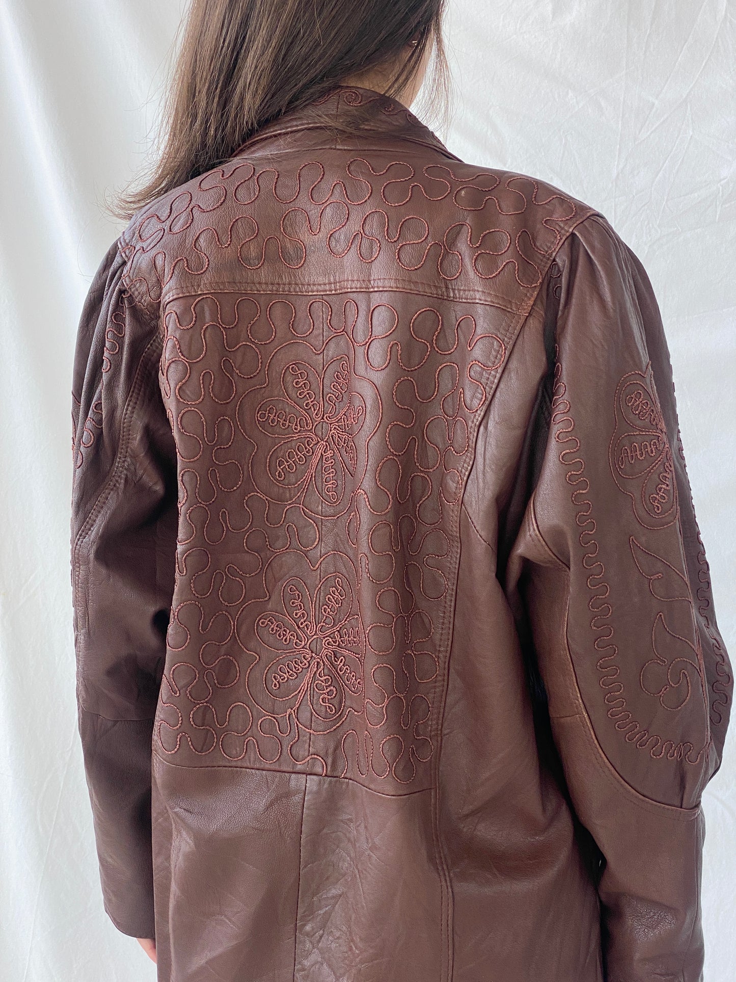 Coolest 80s Vintage Women’s Brown Floral Embroidered Genuine Leather Coat - L