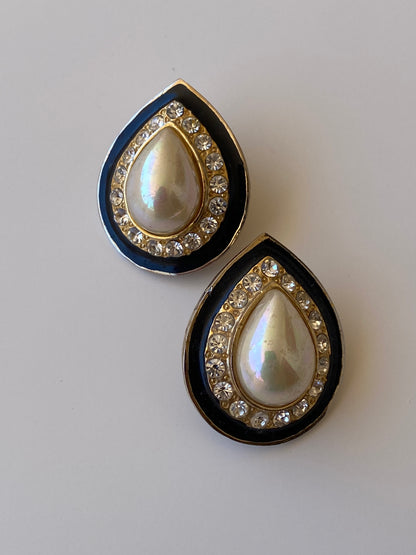 Vintage Faux Pearl Rhinestone Teardrop Statement Earrings Black & Gold Tone
