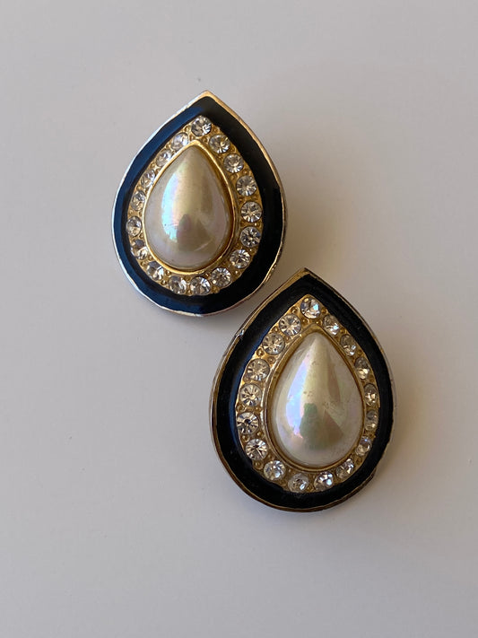 Vintage Faux Pearl Rhinestone Teardrop Statement Earrings Black & Gold Tone