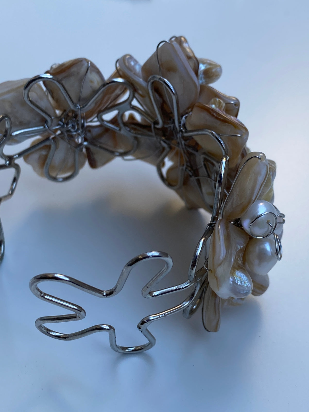 Vintage Mother of Pearl Cluster Cuff Handmade Artisan Shell Bracelet Vintage Mother of Pearl Cluster Cuff Handmade Artisan Shell Bracelet