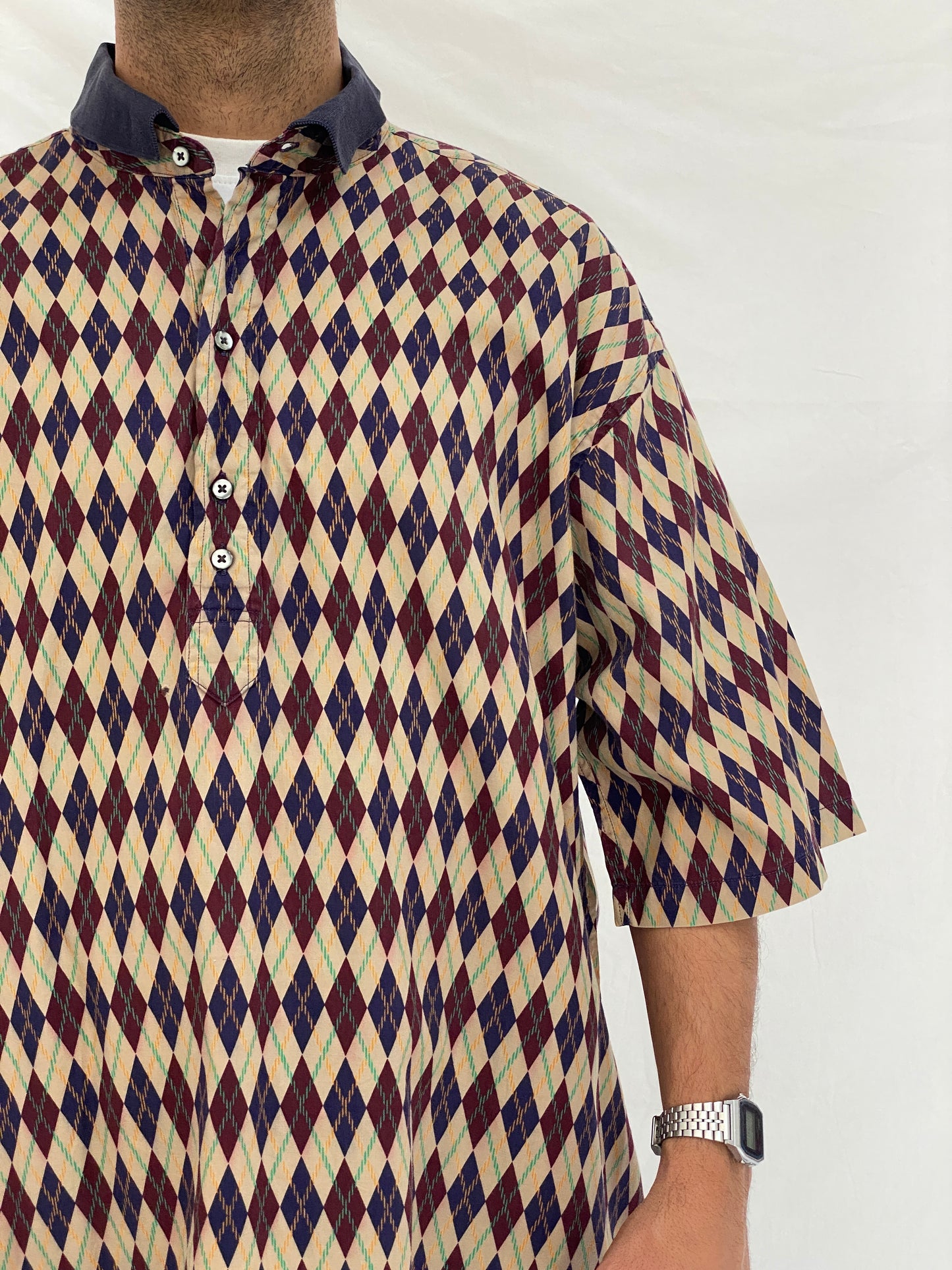 Vintage 90s Michael Thomas Argyle Print Pullover Shirt Oversized Geometric Pattern Shirt - 2XL