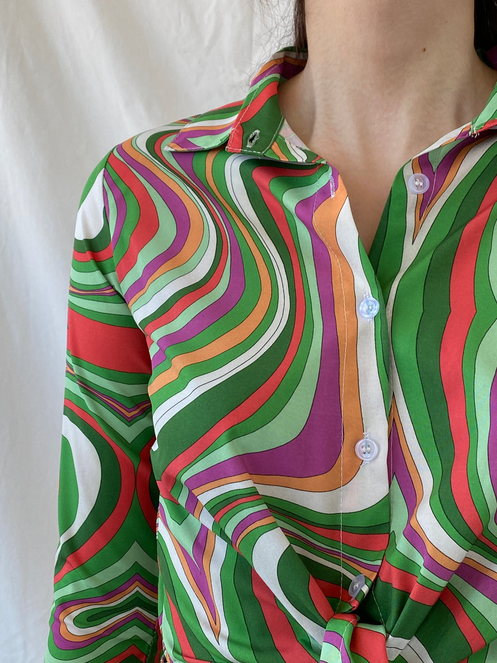 Vintage Psychedelic Print Shirt 70s Style Swirl Tie Front Blouse - M