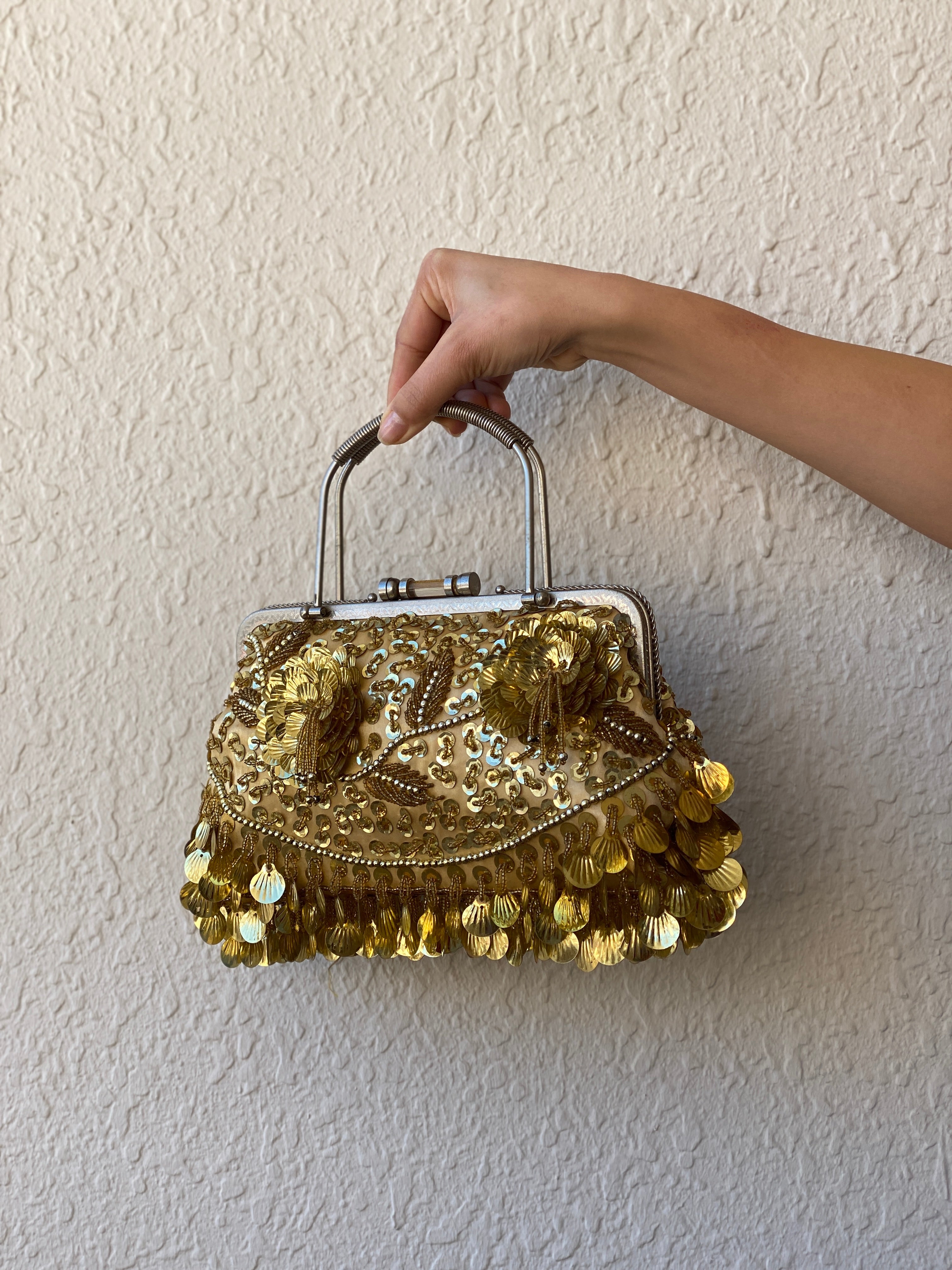 Vintage Gold Beaded Evening Clutch Sequined Metal Handle Bag