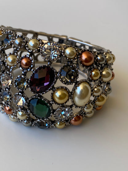 Vintage Jewel Tone Rhinestone Cuff Bracelet Pearl & Crystal Statement Bangle