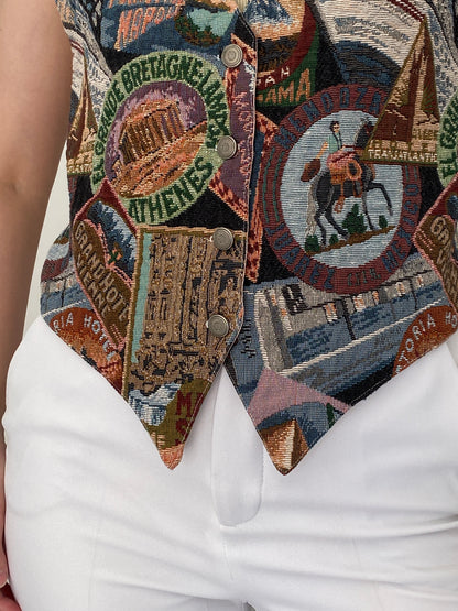 Vintage 90s CLIO Multicolor Cotton Rayon Travel Tapestry Vest – M