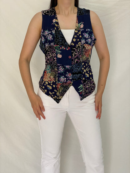 Vintage 90s Amanda Smith Navy Floral Patchwork Rayon Vest – L