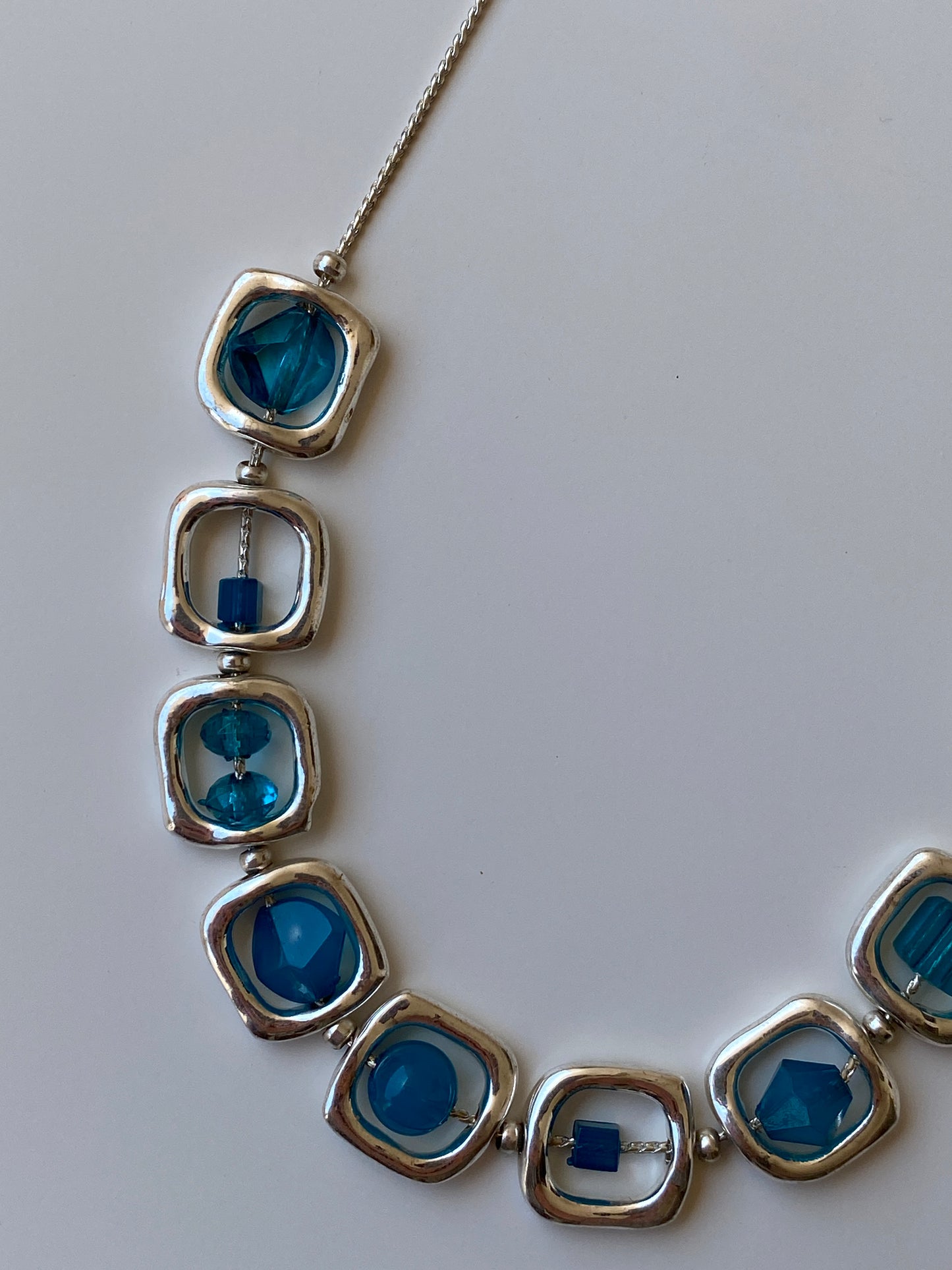 Y2K Blue Crystal Bead Framed Square Link Silver Necklace