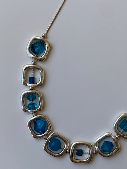 Y2K Blue Crystal Bead Framed Square Link Silver Necklace