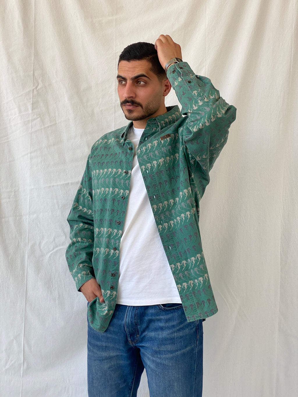 Vintage Woolrich Men’s Green Long Sleeve Cotton Skier Print Shirt - XL