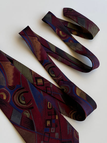 Vintage 1990s Burgundy Purple Abstract Geometric Wide Necktie