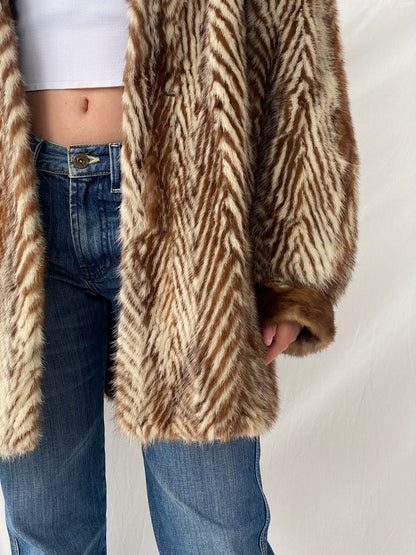 Luxurious Vintage 1980s Brown Real Mink Fur Jacket with Dyed Fur Stripes and Brown Collar - M