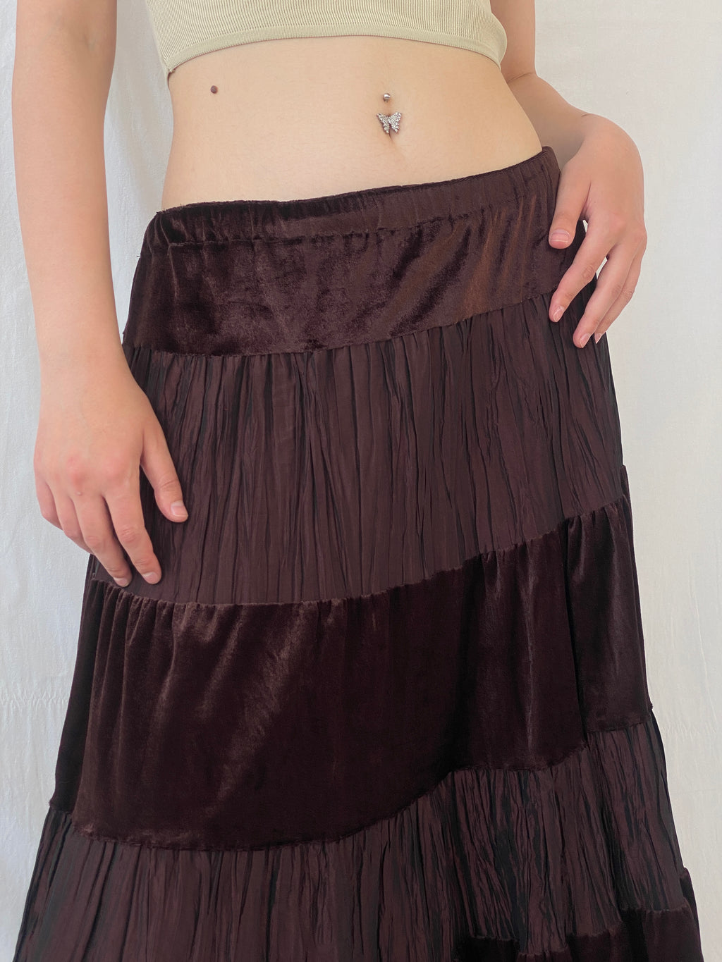 Y2K Gipsy Layered Brown Midi Velvet Cotton Elastic Waist Skirt - L