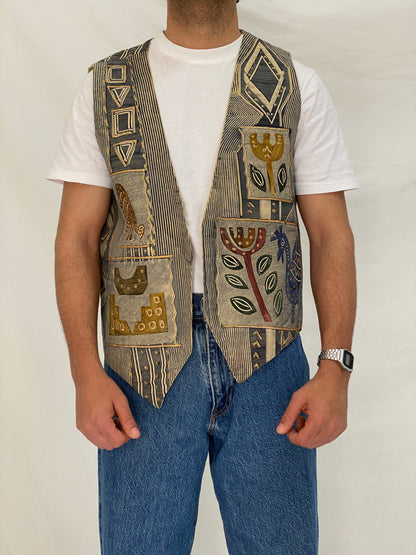 Vintage Africa Cloth Tribal Print Cotton Vest Beige Grey African Art Tapestry Vest - XL