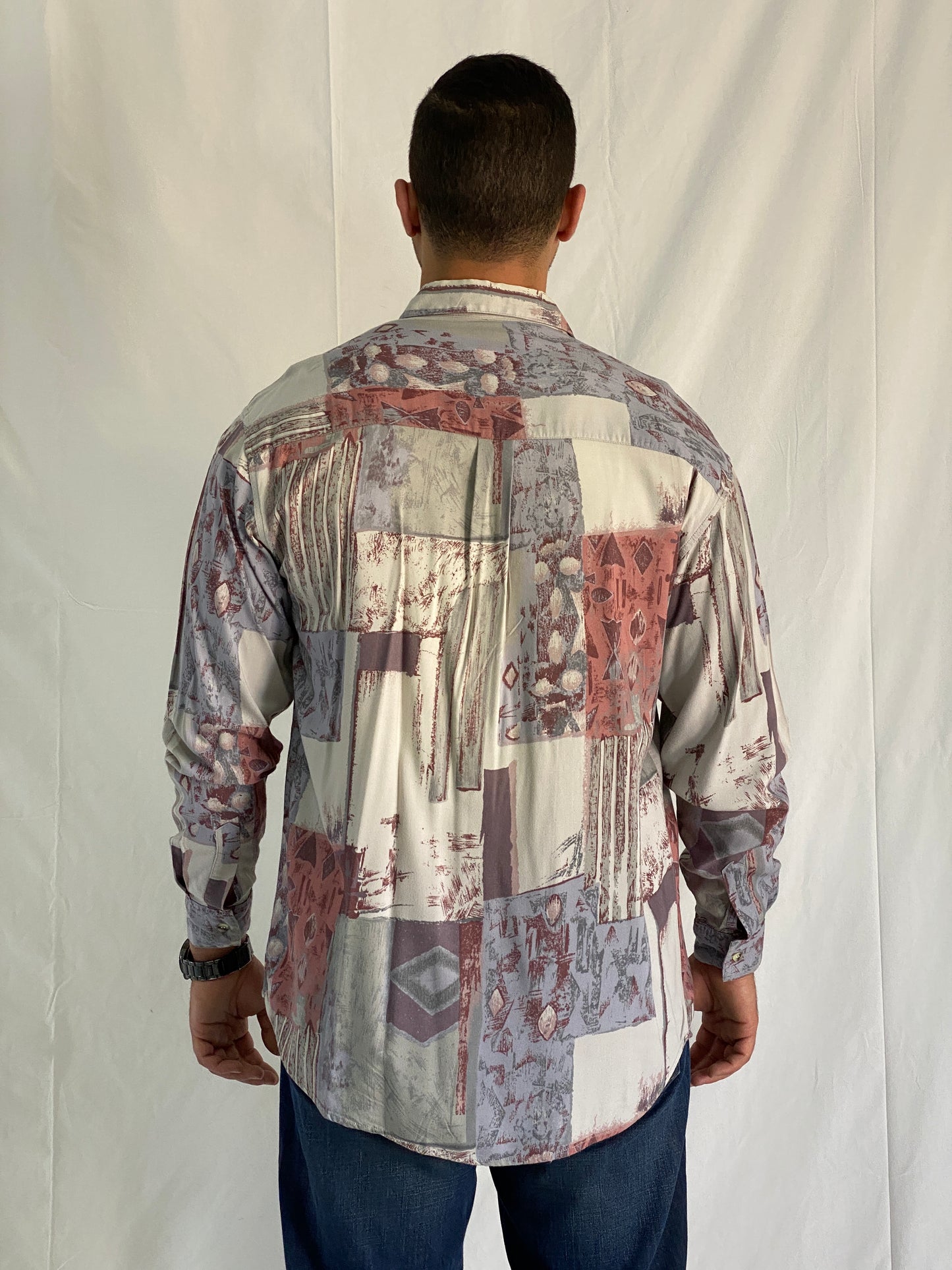 Vintage Happy Life Abstract Geometric Print Men’s Long Sleeve Shirt - L