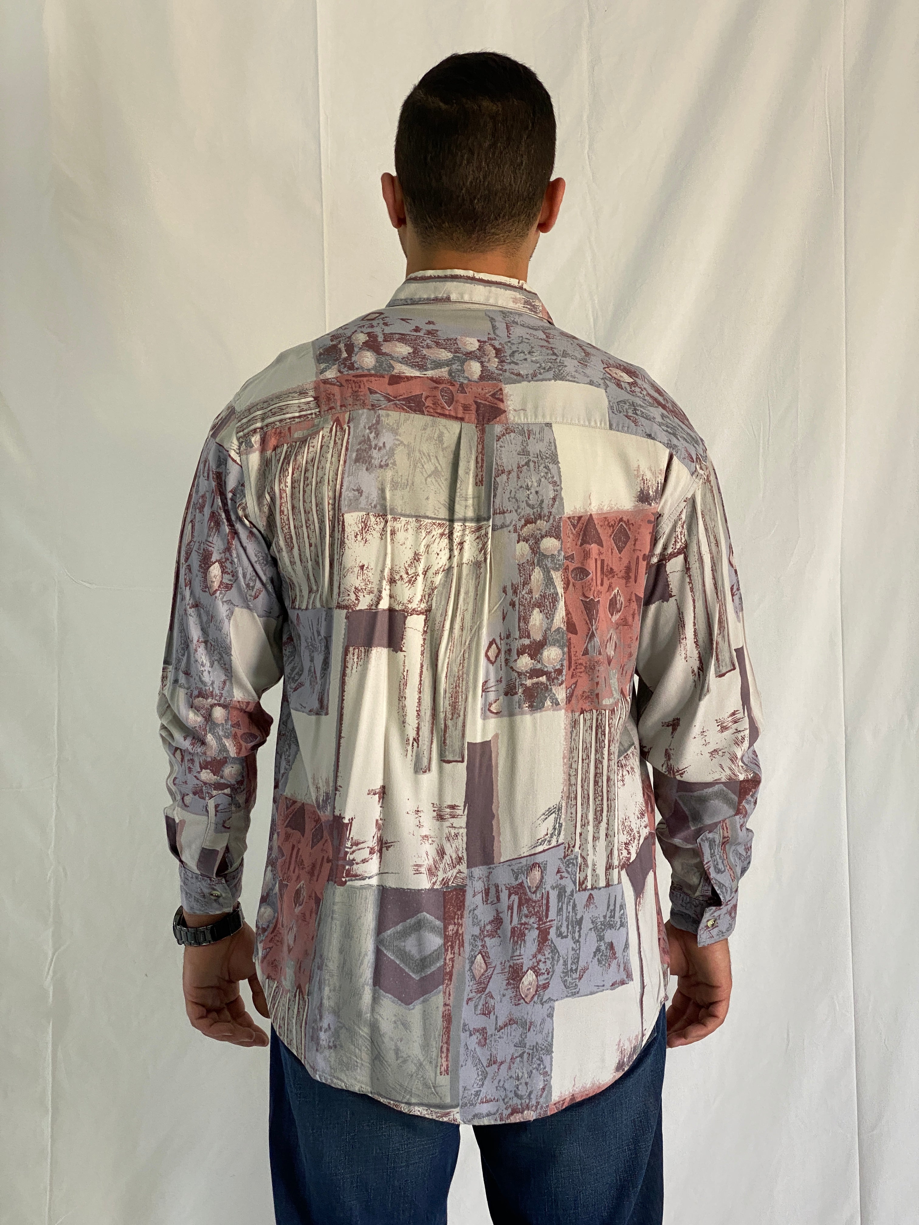 Vintage Happy Life Abstract Geometric Print Men’s Long Sleeve Shirt - L