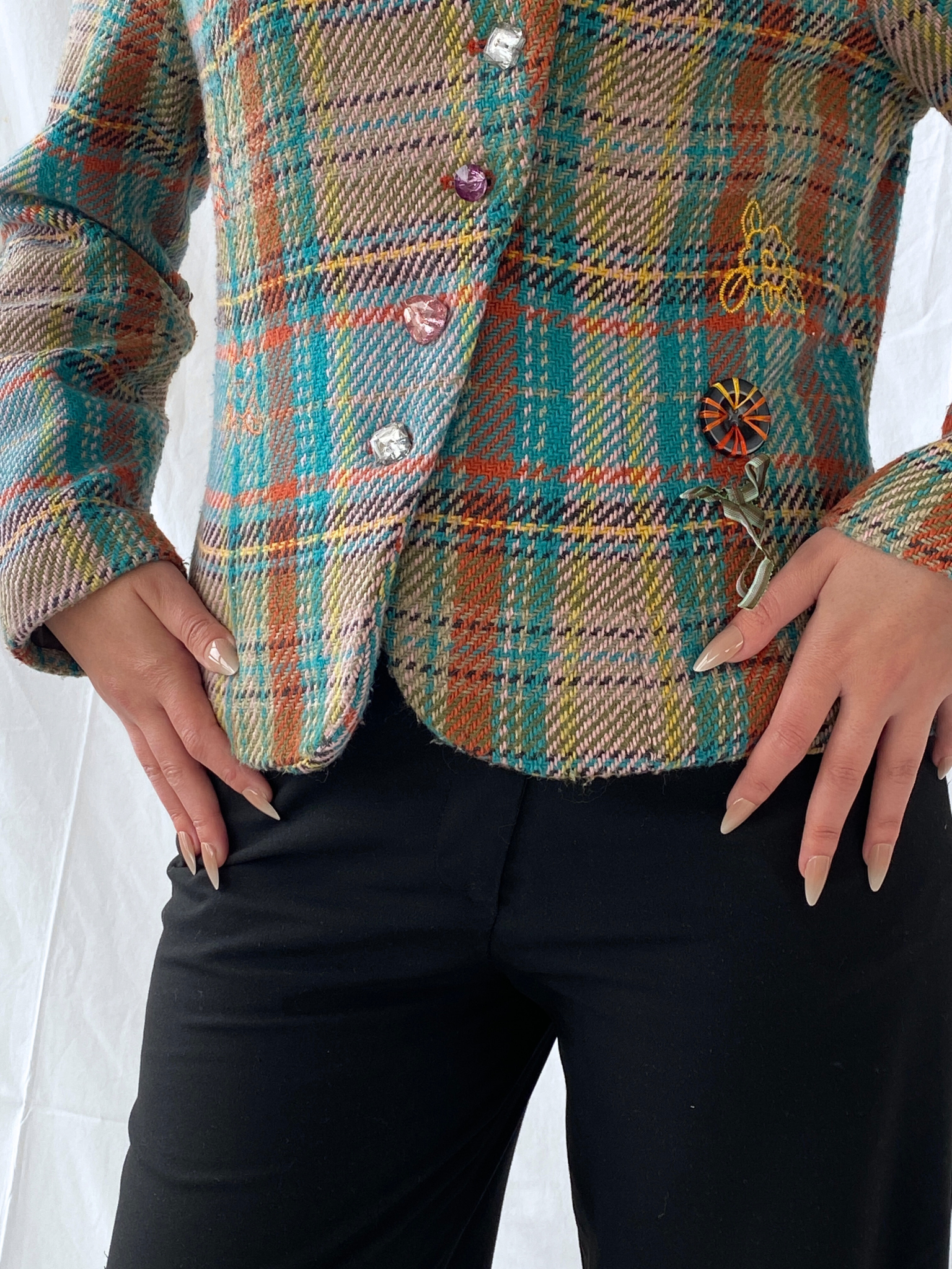 Vintage Rainbow Plaid Whimsy Exaggerated Collar Women’s Blazer - L