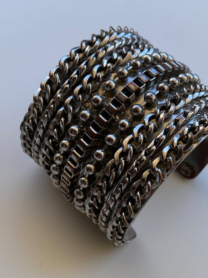 Vintage 90s/Y2K Cookie Lee Silver-Tone Mixed Chain Wide Statement Cuff Bracelet