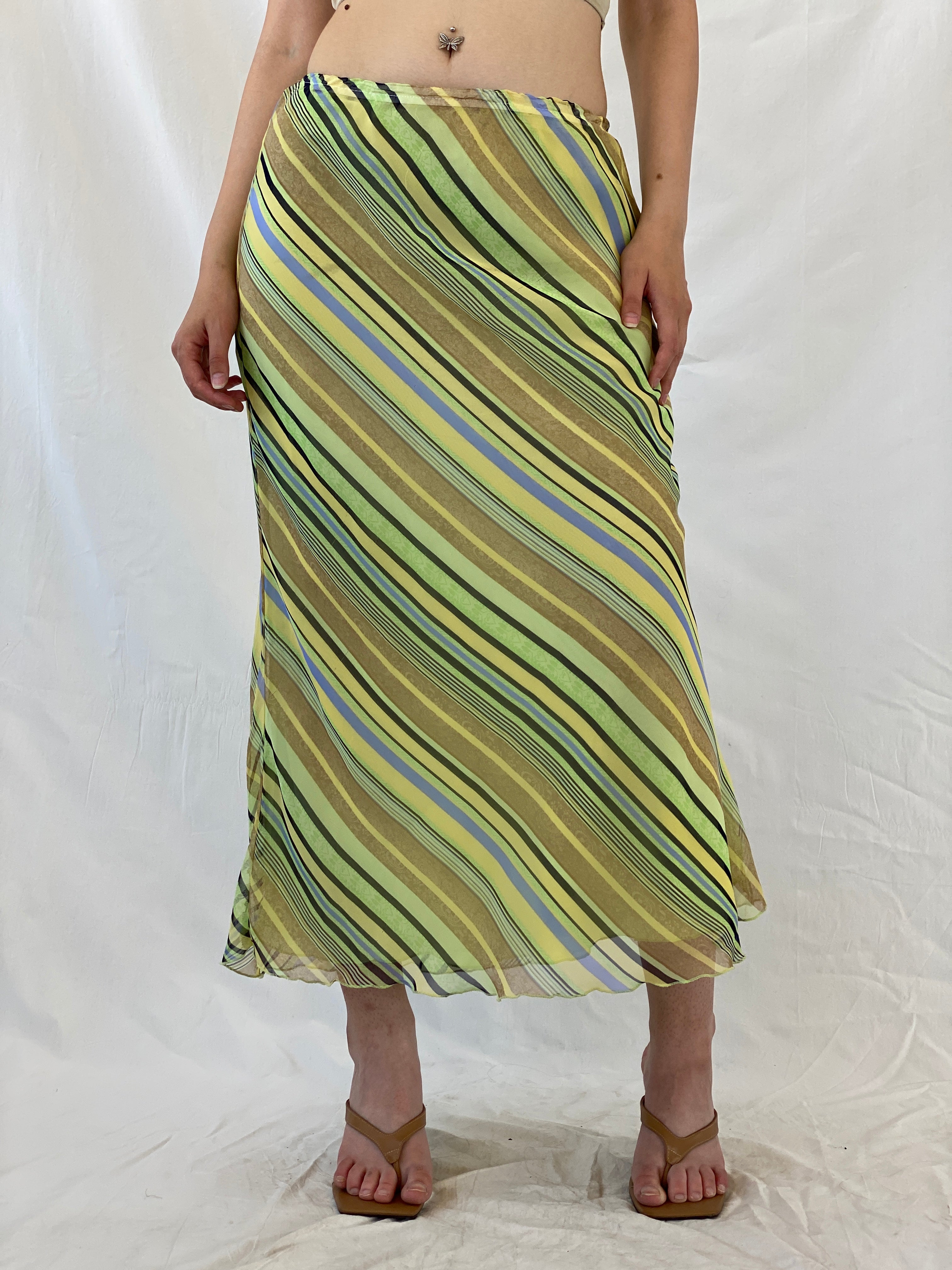 Vintage 90s Giorgio Fiorlini Striped Green Butter Yellow Maxi Skirt - S