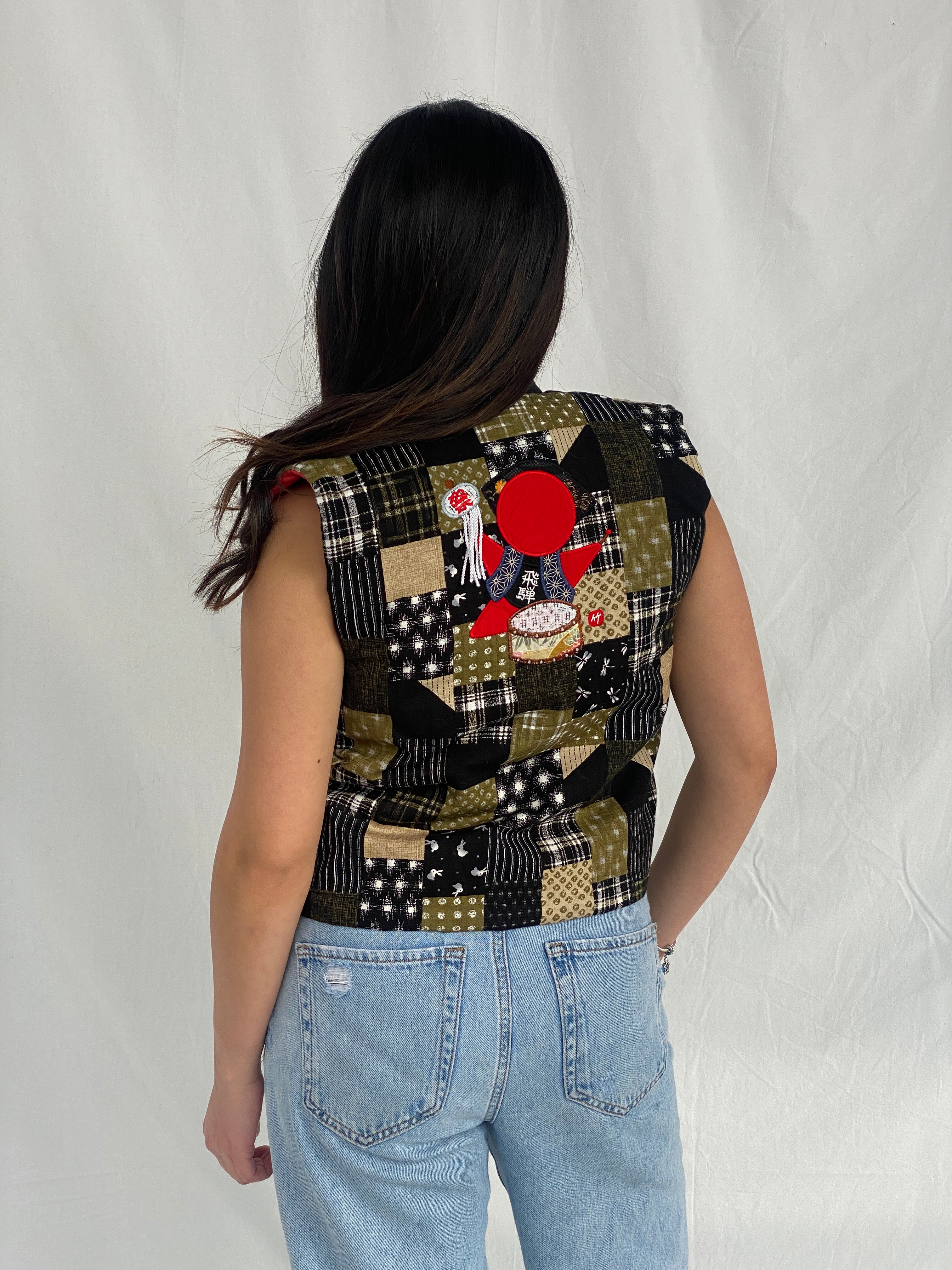 Vintage Japanese Green & Black Patchwork Tie-Front Vest with Embroidered Back - XS