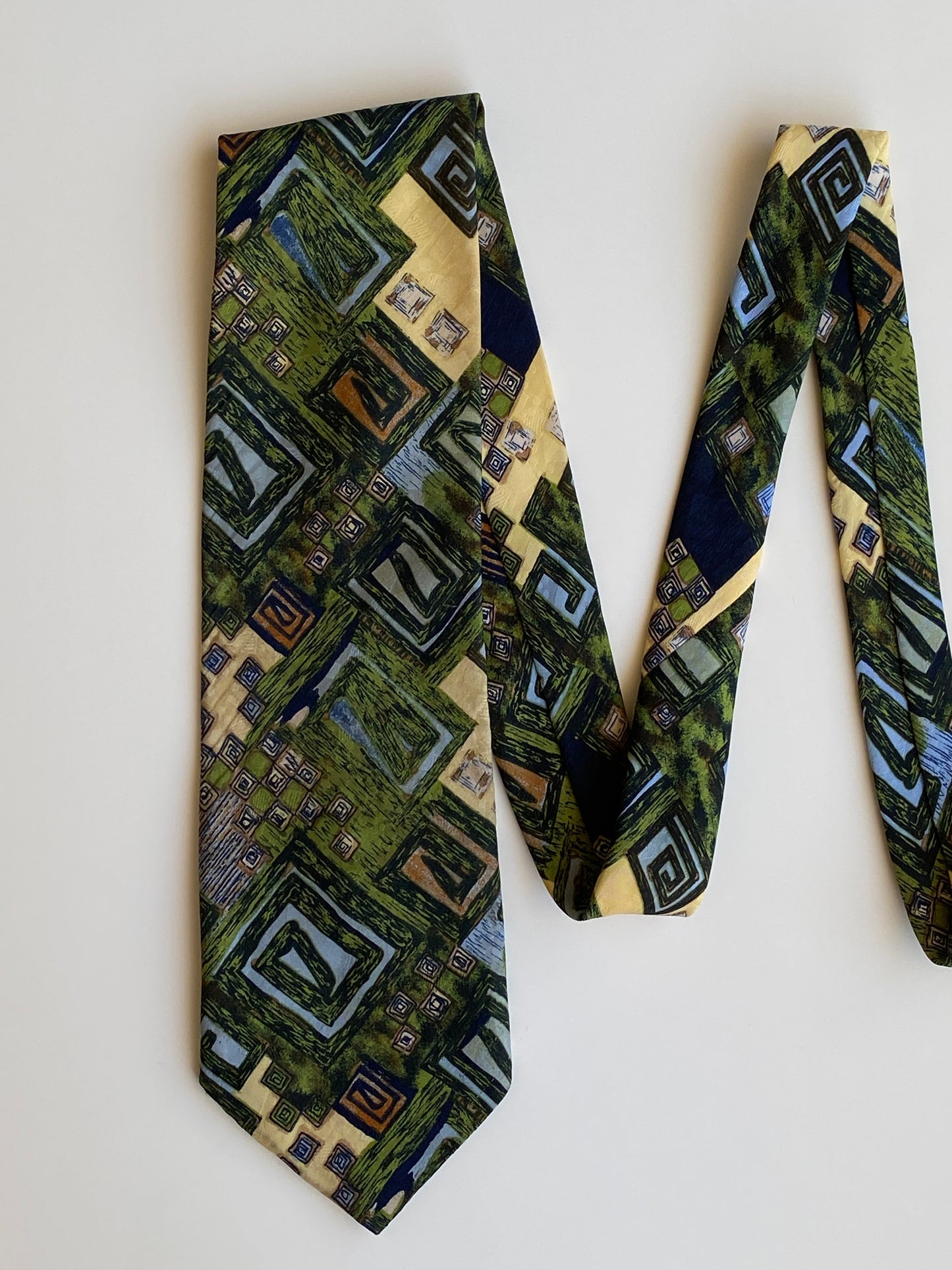 Vintage 90s T Fashion Green Navy Geometric Abstract Wide Necktie
