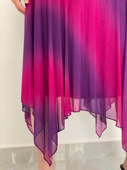 Vintage Y2K Three Pink Hearts Pink & Purple Ombré Glitter Mesh Handkerchief Midi Dress - L
