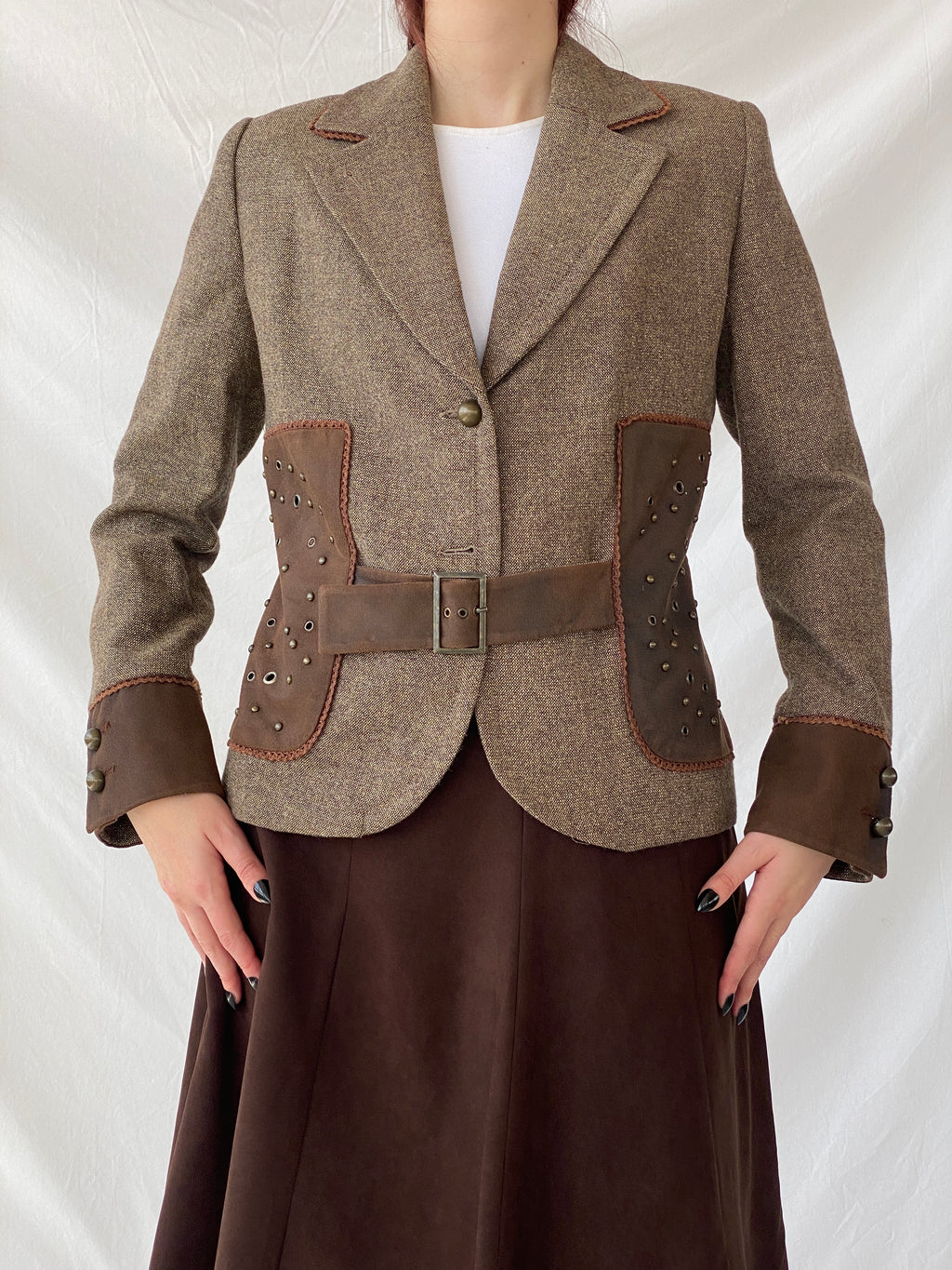 Statement Gürler Giyim Women’s Suede-Like Patches Brown Blazer - L