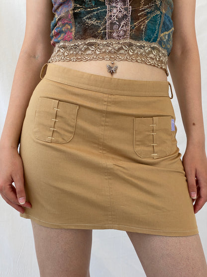 Y2K Camel Beige Mini Skirt with Stitch Pocket Detail - M